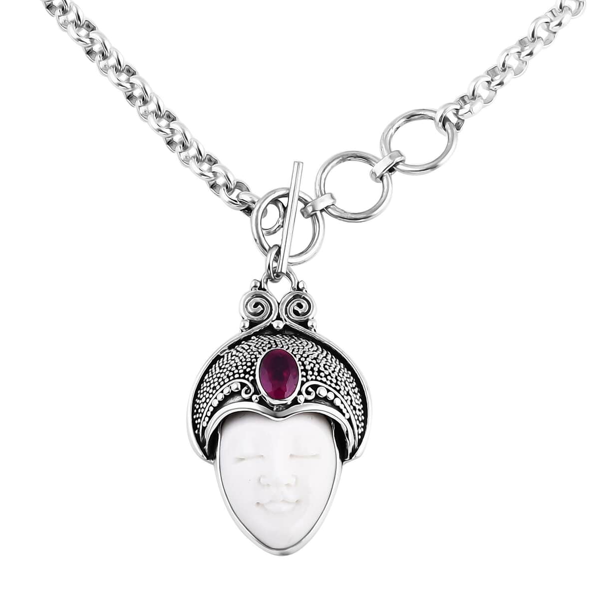 Bali Goddess Carved Bone and Niassa Ruby (FF) 1.20 ctw Necklace in Sterling Silver 18 Inches image number 3