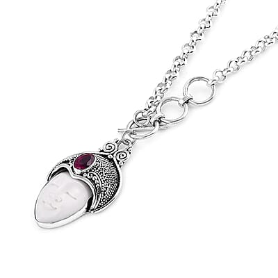 Bali Goddess Carved Bone and Niassa Ruby (FF) 1.20 ctw Necklace in Sterling Silver 18 Inches