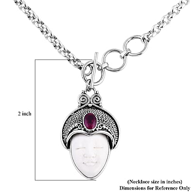 Bali Goddess Carved Bone and Niassa Ruby (FF) 1.20 ctw Necklace in Sterling Silver 18 Inches