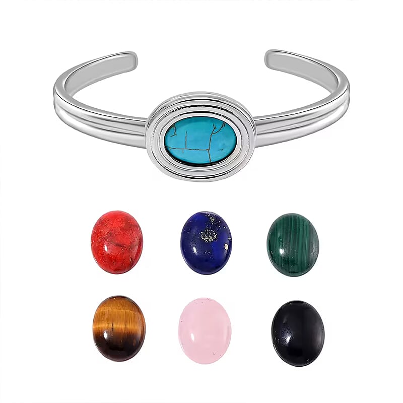Seven Chakra Multi Gemstone 59.50 ctw Bangle Bracelet in Stainless Steel (7.0 In)