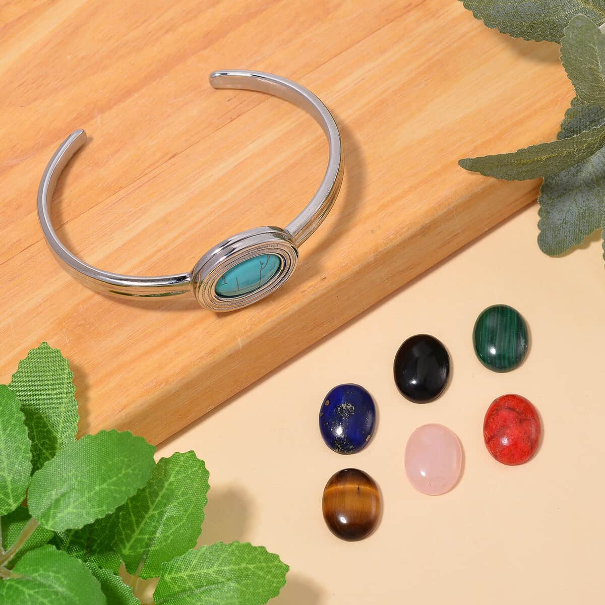 Seven Chakra Multi Gemstone 59.50 ctw Bangle Bracelet in Stainless Steel (7.0 In) image number 1