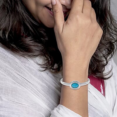Seven Chakra Multi Gemstone 59.50 ctw Bangle Bracelet in Stainless Steel (7.0 In)