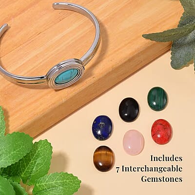 Seven Chakra Multi Gemstone 59.50 ctw Bangle Bracelet in Stainless Steel (7.0 In)