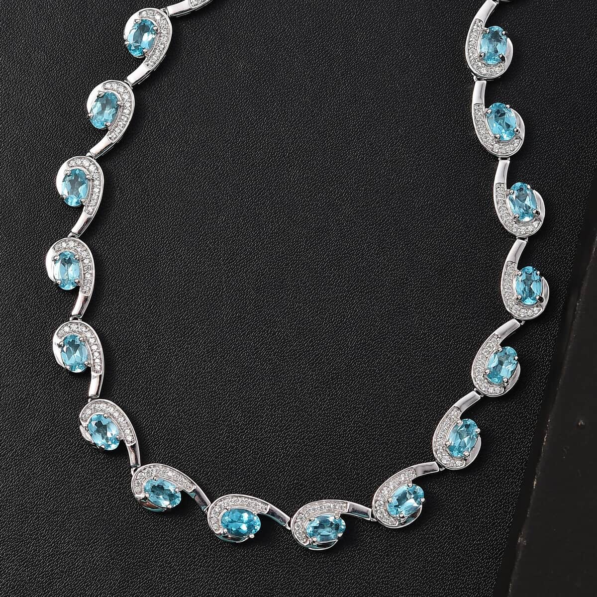 Doorbuster Premium Betroka Blue Apatite and White Zircon 13.00 ctw Sea Waves Necklace in Rhodium Over Sterling Silver 18-20 Inches image number 1