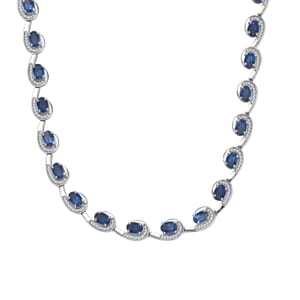 Premium Kashmir Kyanite and White Zircon 19.15 ctw Sea Waves Necklace in Rhodium Over Sterling Silver 18-20 Inches