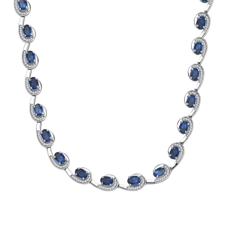 Premium Kashmir Kyanite and White Zircon 19.15 ctw Sea Waves Necklace in Rhodium Over Sterling Silver 18-20 Inches