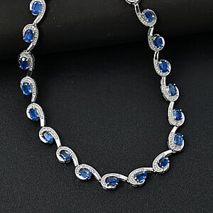 Premium Kashmir Kyanite and White Zircon 19.15 ctw Sea Waves Necklace in Rhodium Over Sterling Silver 18-20 Inches