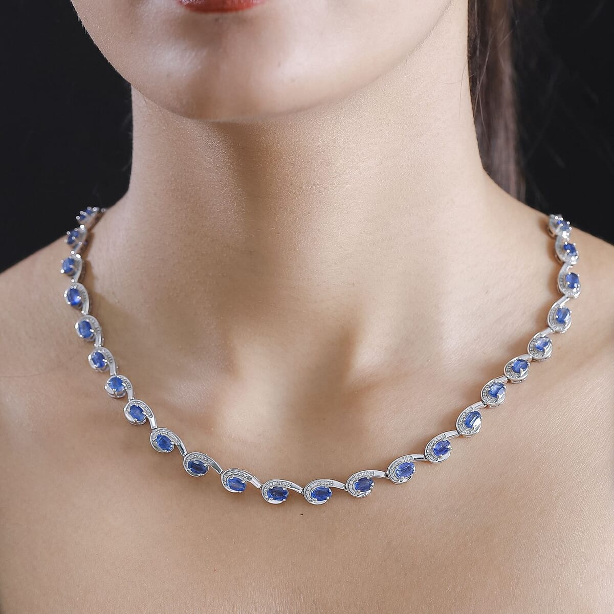 Premium Kashmir Kyanite and White Zircon 19.15 ctw Sea Waves Necklace in Rhodium Over Sterling Silver 18-20 Inches image number 2