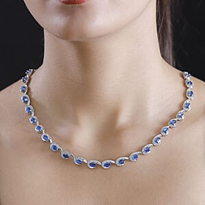 Premium Kashmir Kyanite and White Zircon 19.15 ctw Sea Waves Necklace in Rhodium Over Sterling Silver 18-20 Inches