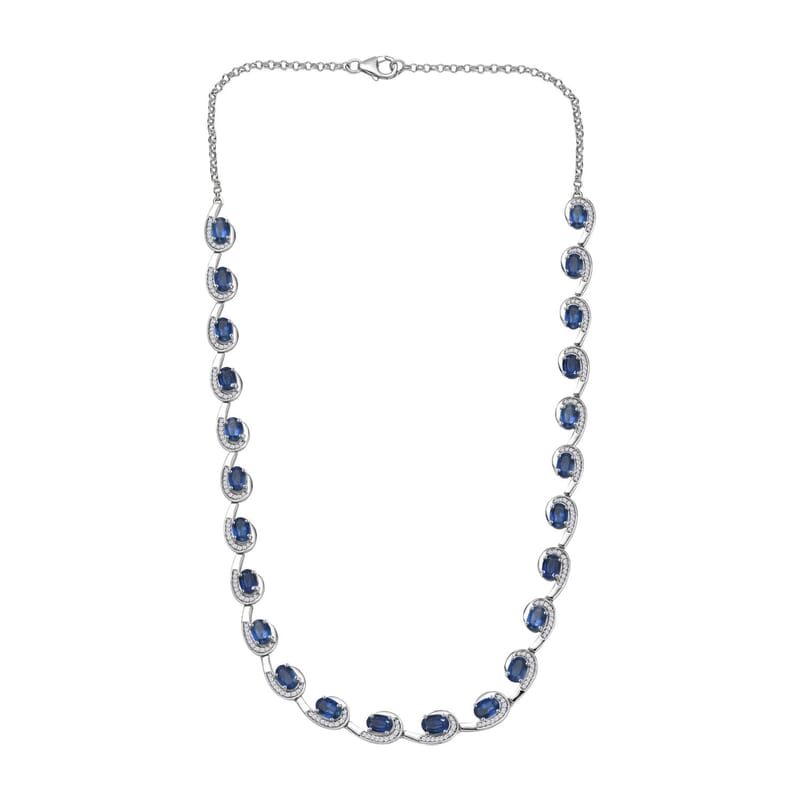 Premium Kashmir Kyanite and White Zircon 19.15 ctw Sea Waves Necklace in Rhodium Over Sterling Silver 18-20 Inches
