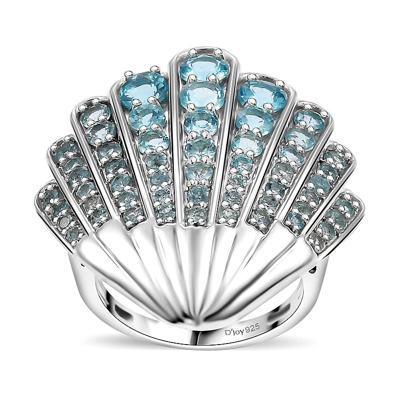 D'Joy Premium Betroka Blue Apatite 2.90 ctw Sea-Shell Ring in Rhodium Over Sterling Silver (Size 10.0)