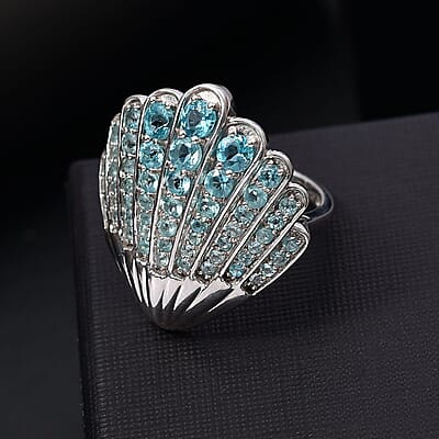 D'Joy Premium Betroka Blue Apatite 2.90 ctw Sea-Shell Ring in Rhodium Over Sterling Silver (Size 10.0)