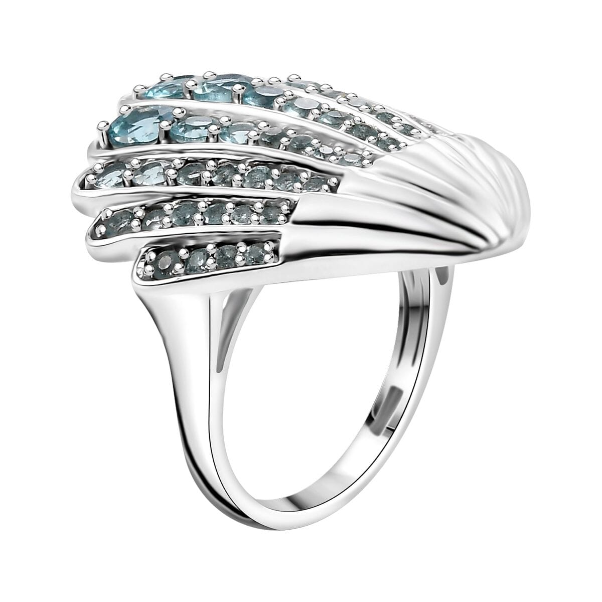 Premium Betroka Blue Apatite 2.90 ctw Sea-Shell Ring in Rhodium Over Sterling Silver (Size 5.0) image number 3