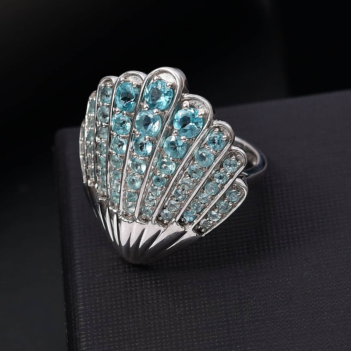 Doorbuster Premium Betroka Blue Apatite 2.90 ctw Sea-Shell Ring in Rhodium Over Sterling Silver (Size 7.0) image number 1