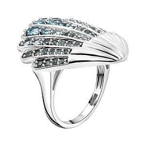 D'Joy Premium Betroka Blue Apatite 2.90 ctw Sea-Shell Ring in Rhodium Over Sterling Silver (Size 7.0)
