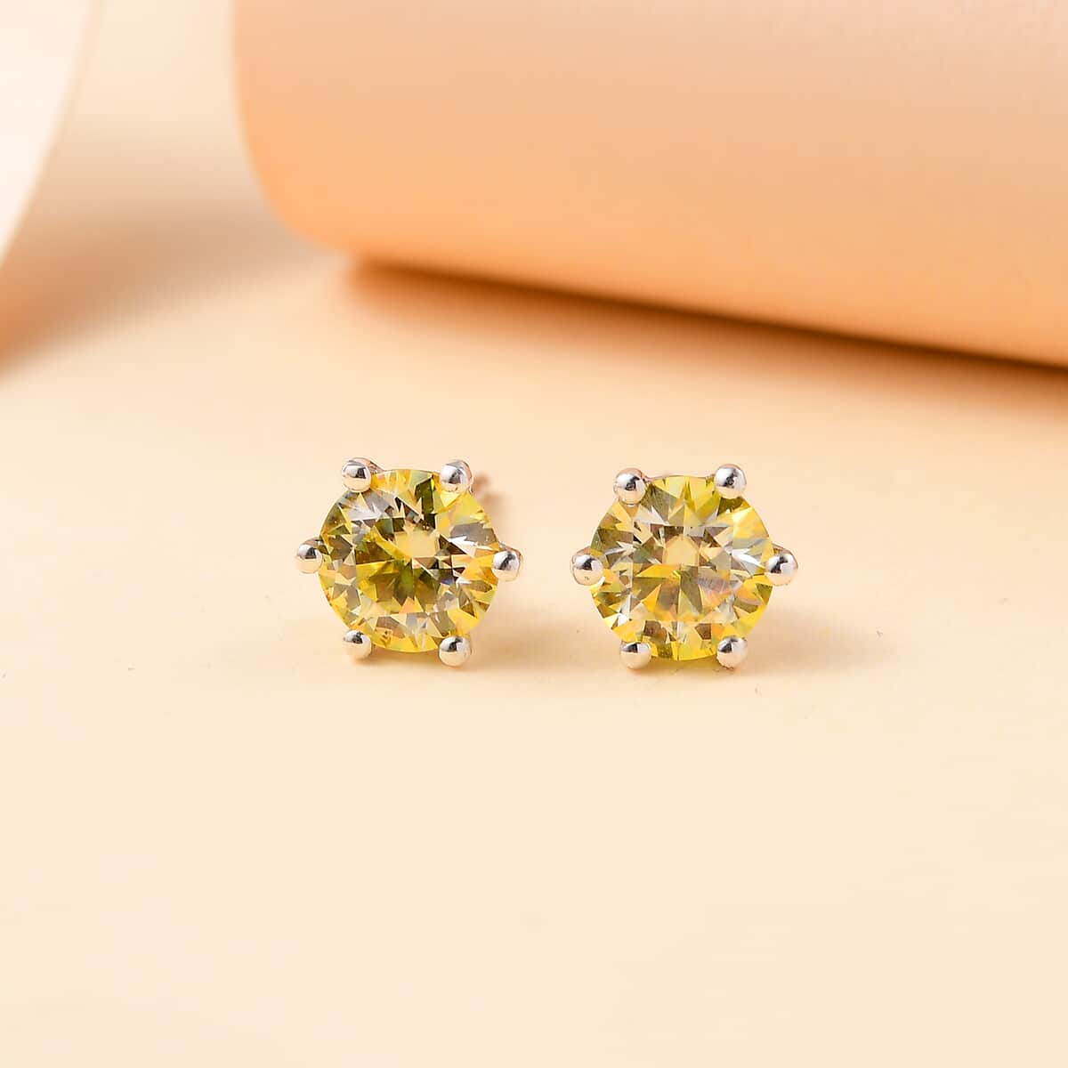 Yellow Moissanite 1.85 ctw Solitaire Stud Earrings in Rhodium Over Sterling Silver  image number 1