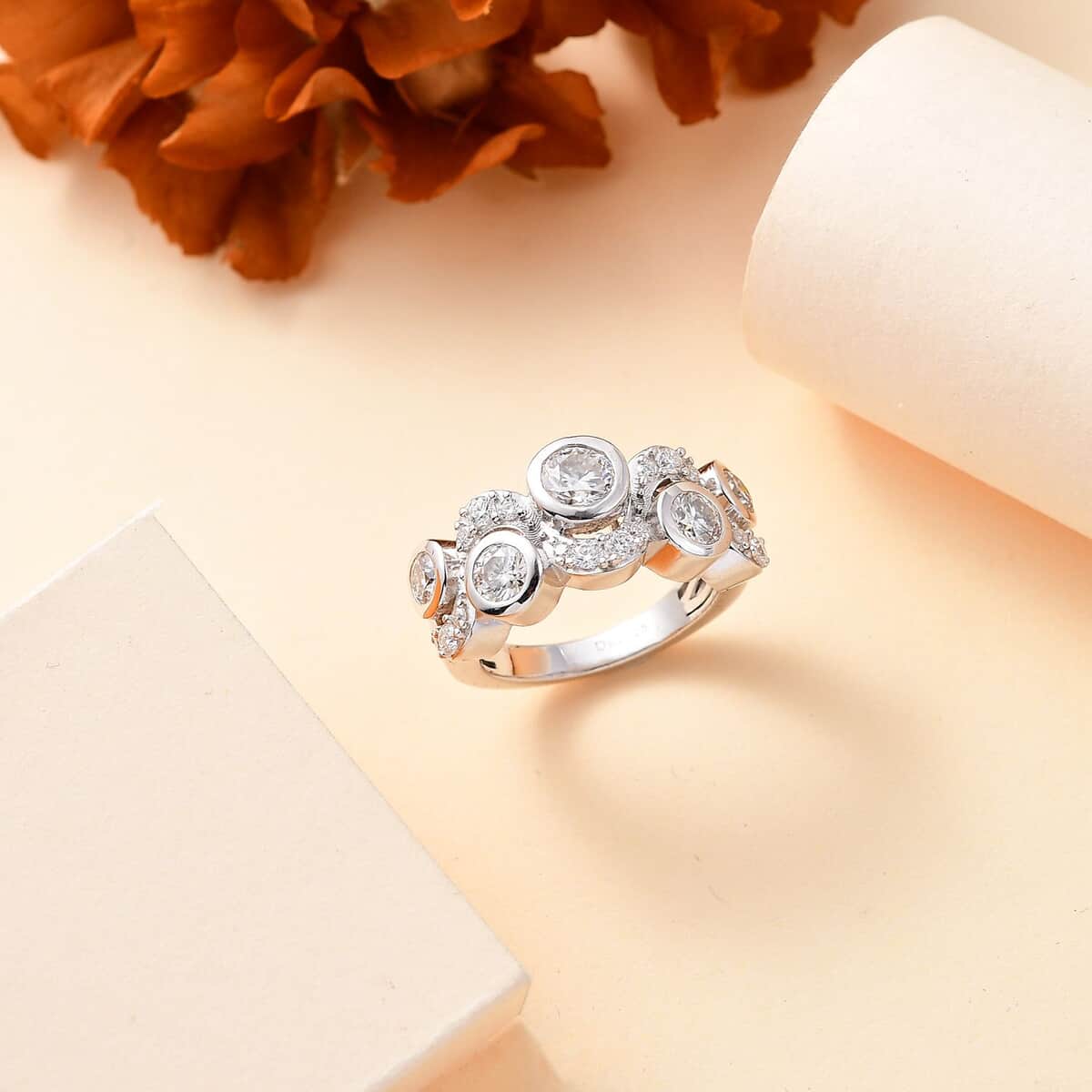 Moissanite 1.50 ctw Celestial Sun and Moon Ring in Rhodium Over Sterling Silver (Size 10.0) image number 1