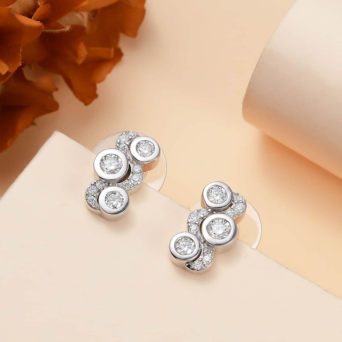 Moissanite 1.00 ctw Celestial Sun and Moon Earrings in Rhodium Over Sterling Silver image number 1