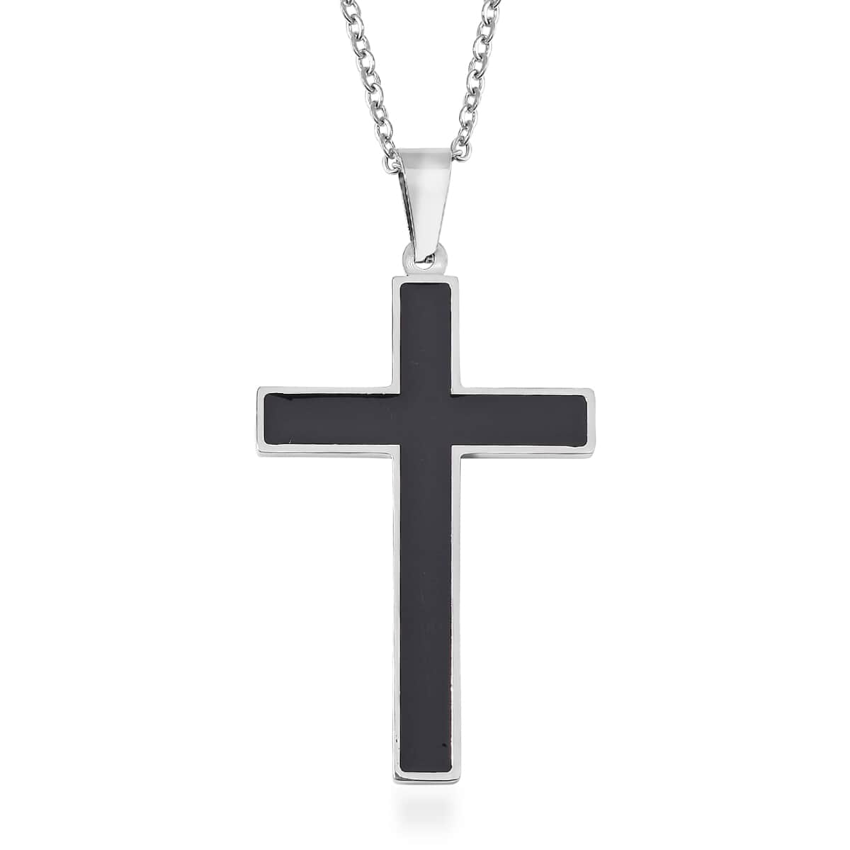 Shungite Inlay Cross Pendant Necklace 20-22 Inches in Stainless Steel 2.00 ctw image number 0