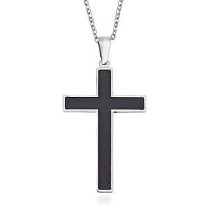 Shungite 2.00 ctw Inlay Cross Pendant Necklace 20-22 Inches in Stainless Steel