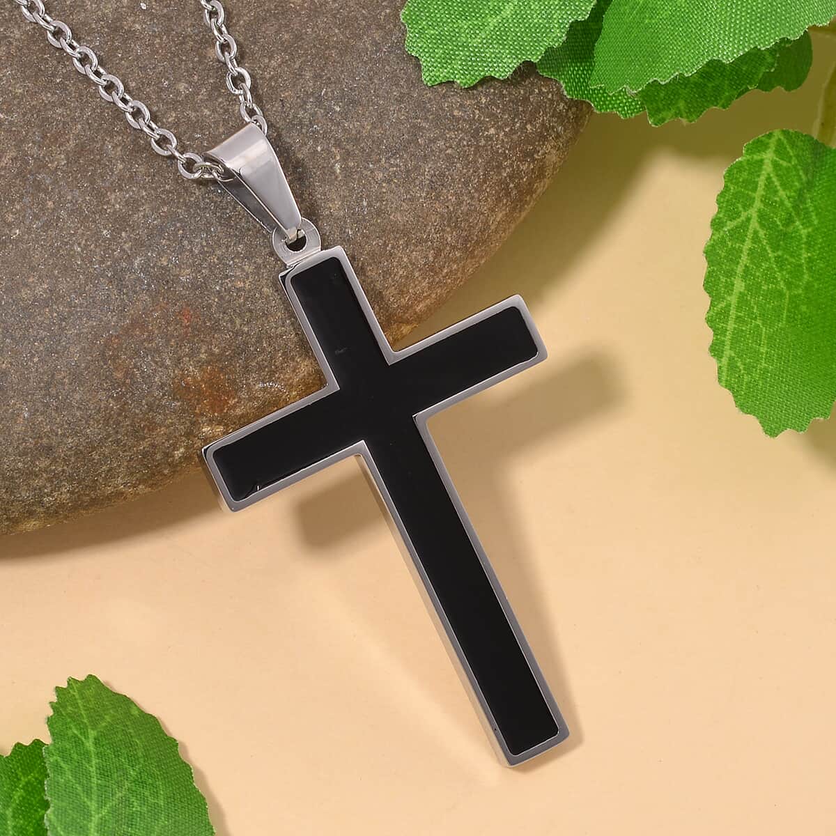 Shungite Inlay Cross Pendant Necklace 20-22 Inches in Stainless Steel 2.00 ctw image number 1