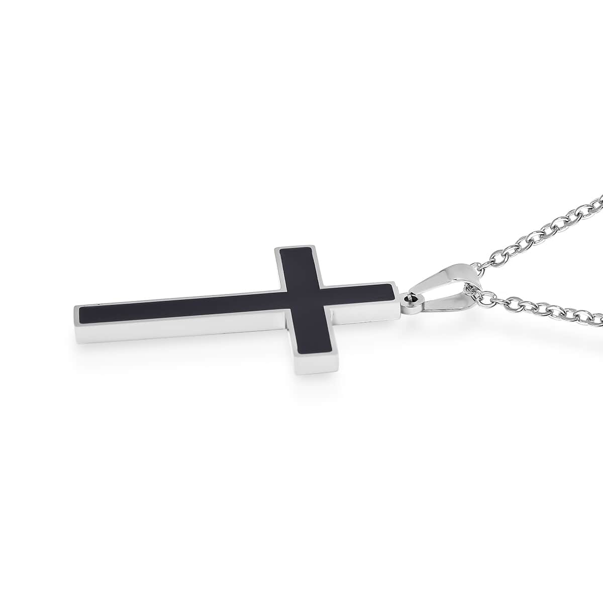 Shungite Inlay Cross Pendant Necklace 20-22 Inches in Stainless Steel 2.00 ctw image number 3