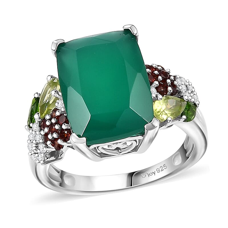 Verde Onyx and Multi Gemstone 6.65 ctw Floral Ring in Rhodium Over Sterling Silver (Size 10.0)