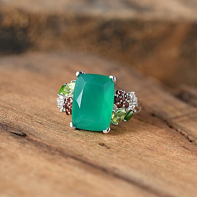 Verde Onyx and Multi Gemstone 6.65 ctw Floral Ring in Rhodium Over Sterling Silver (Size 10.0)