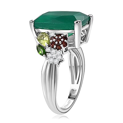 Verde Onyx and Multi Gemstone 6.65 ctw Floral Ring in Rhodium Over Sterling Silver (Size 10.0)