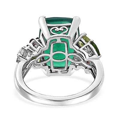 Verde Onyx and Multi Gemstone 6.65 ctw Floral Ring in Rhodium Over Sterling Silver (Size 10.0)