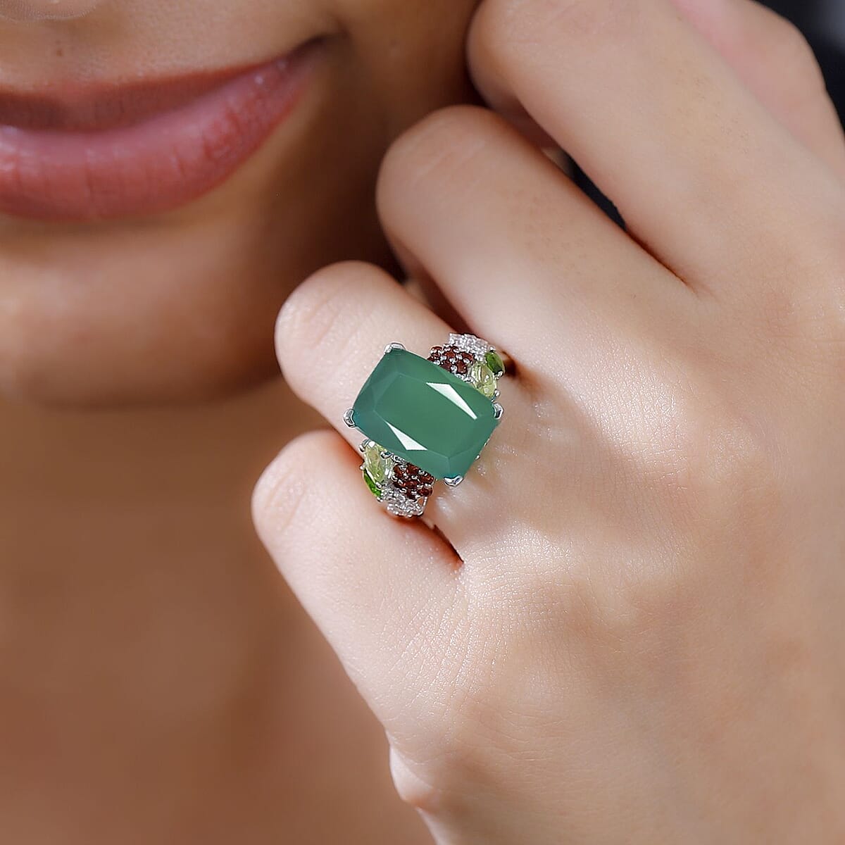 Verde Onyx and Multi Gemstone 6.65 ctw Floral Ring in Rhodium Over Sterling Silver (Size 8.0) image number 2