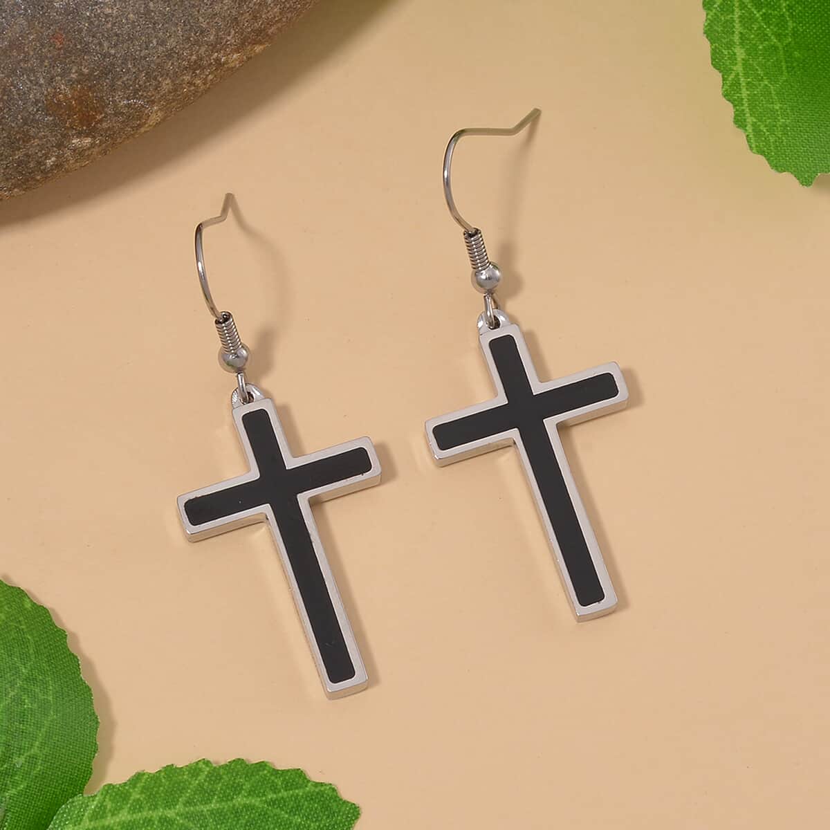 Shungite Inlay Cross Earrings in Steel 1.00 ctw image number 1