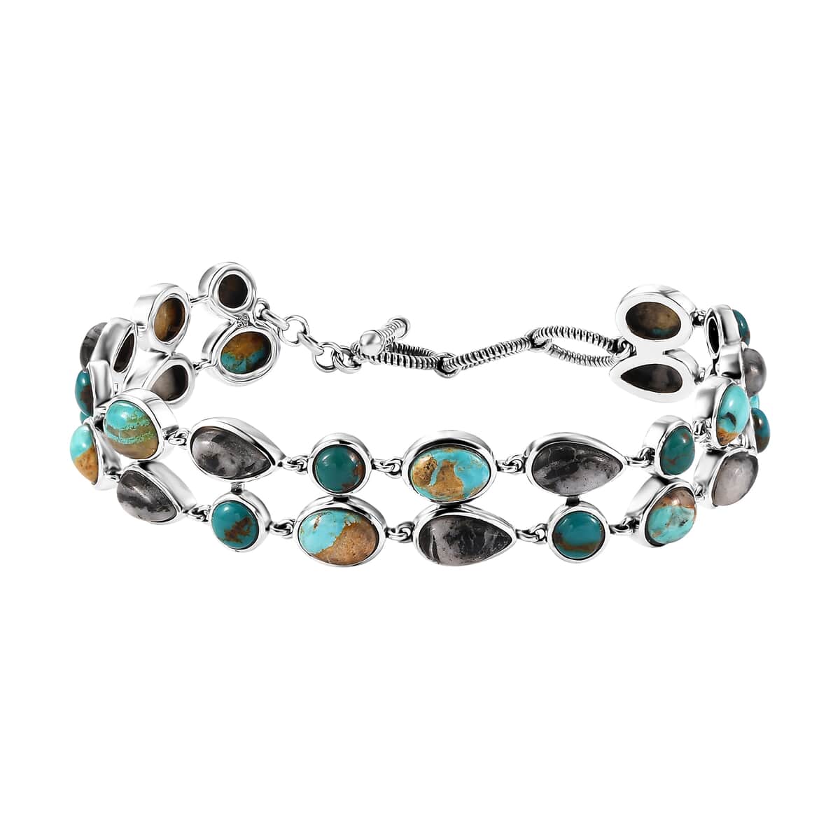 Artisan Crafted Royston and Sierra Nevada Turquoise, White Buffalo Bracelet 26.60 ctw in Black Oxidized Sterling Silver (6.50-8.0In) image number 0