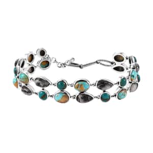 Artisan Crafted Royston and Sierra Nevada Turquoise, White Buffalo Bracelet 26.60 ctw in Black Oxidized Sterling Silver (6.50-8.0In)