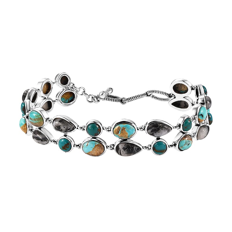 D'Joy Indian Artisan Crafted Royston and Sierra Nevada Turquoise, White Buffalo Bracelet 26.60 ctw in Black Oxidized Sterling Silver (6.50-8.0In)