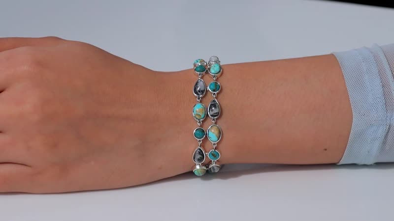 D'Joy Indian Artisan Crafted Royston and Sierra Nevada Turquoise, White Buffalo Bracelet 26.60 ctw in Black Oxidized Sterling Silver (6.50-8.0In)