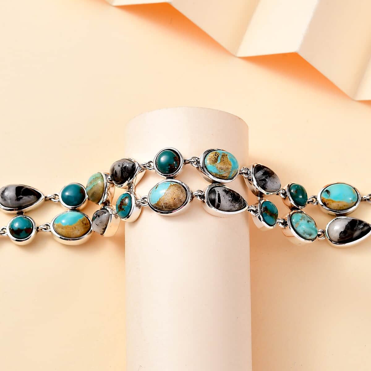 Artisan Crafted Royston and Sierra Nevada Turquoise, White Buffalo Bracelet 26.60 ctw in Black Oxidized Sterling Silver (6.50-8.0In) image number 1