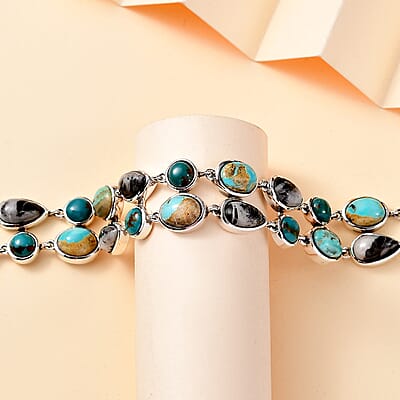 D'Joy Indian Artisan Crafted Royston and Sierra Nevada Turquoise, White Buffalo Bracelet 26.60 ctw in Black Oxidized Sterling Silver (6.50-8.0In)