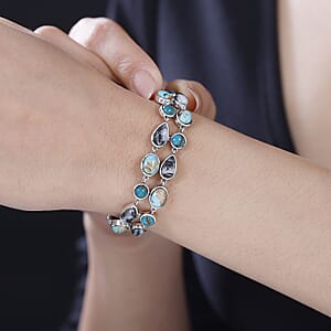 D'Joy Indian Artisan Crafted Royston and Sierra Nevada Turquoise, White Buffalo Bracelet 26.60 ctw in Black Oxidized Sterling Silver (6.50-8.0In)