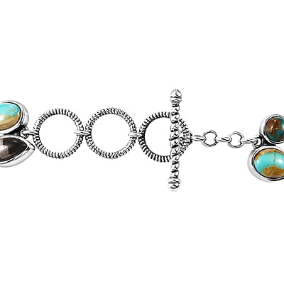D'Joy Indian Artisan Crafted Royston and Sierra Nevada Turquoise, White Buffalo Bracelet 26.60 ctw in Black Oxidized Sterling Silver (6.50-8.0In)