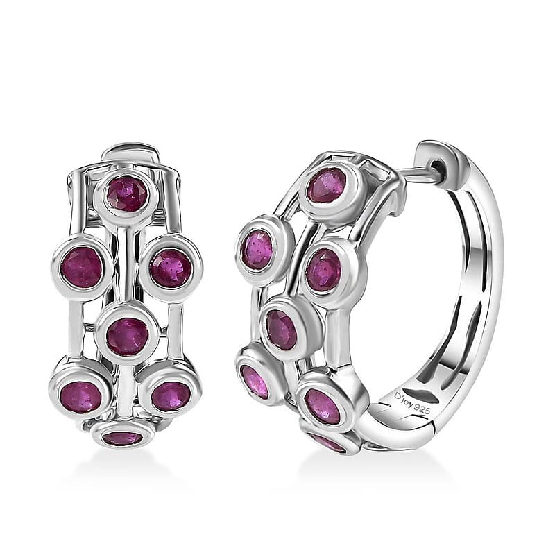 D'Joy Niassa Ruby (FF) 2.35 ctw Bubbles Hoop Earrings in Rhodium Over Sterling Silver
