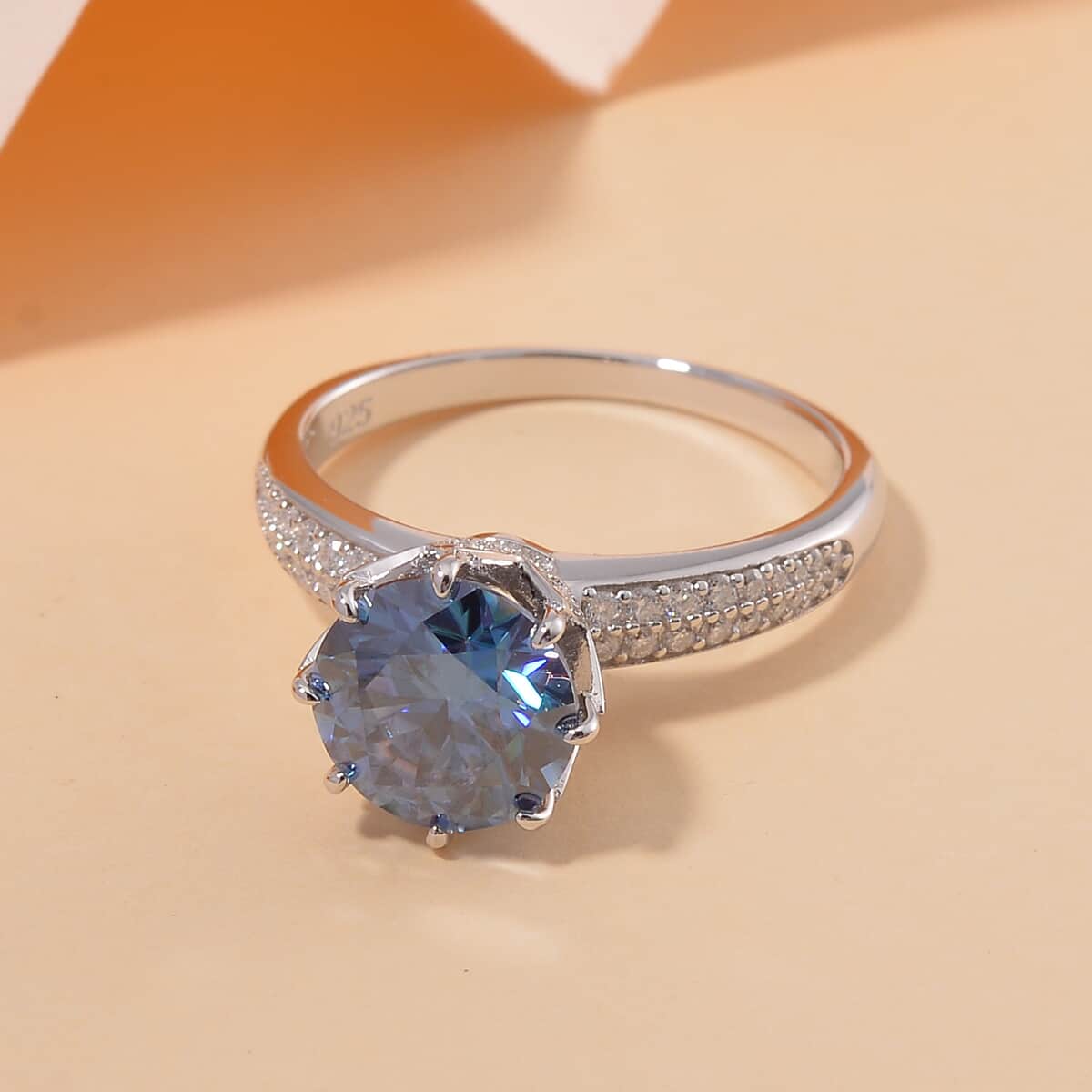 Sapphire Blue and Moissanite 2.80 ctw Crown of Petals Ring in Rhodium Over Sterling Silver (Size 10.0) image number 1