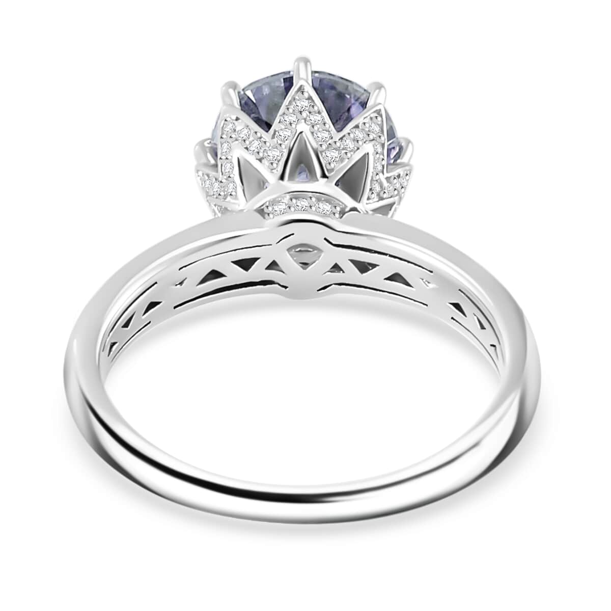 Sapphire Blue and Moissanite 2.80 ctw Crown of Petals Ring in Rhodium Over Sterling Silver (Size 10.0) image number 4