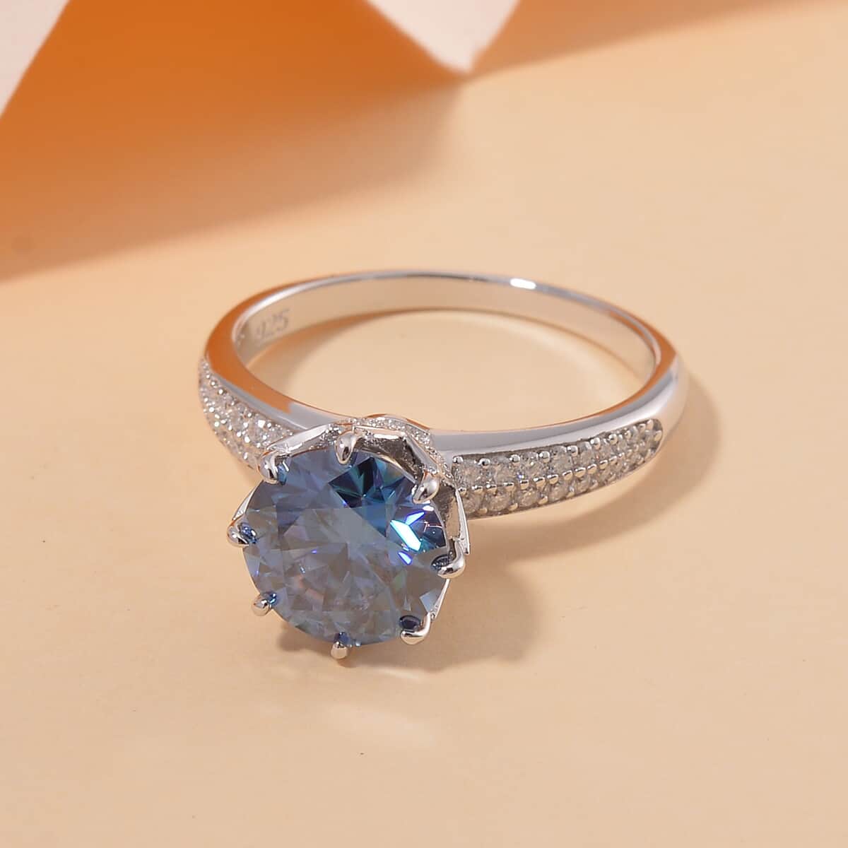 Sapphire Blue and Moissanite 2.80 ctw Crown of Petals Ring in Rhodium Over Sterling Silver (Size 7.0) image number 1