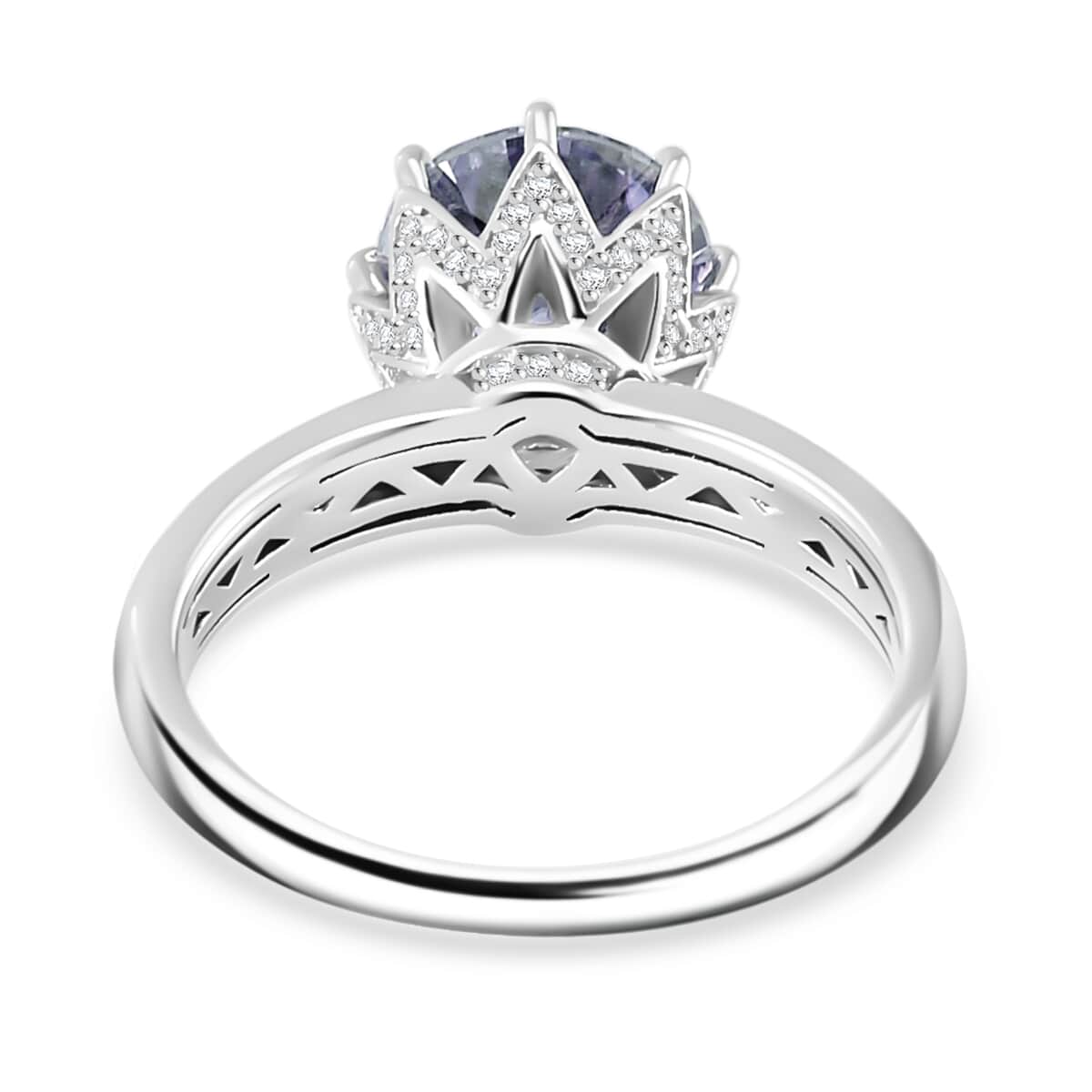 Sapphire Blue and Moissanite 2.80 ctw Crown of Petals Ring in Rhodium Over Sterling Silver (Size 7.0) image number 4