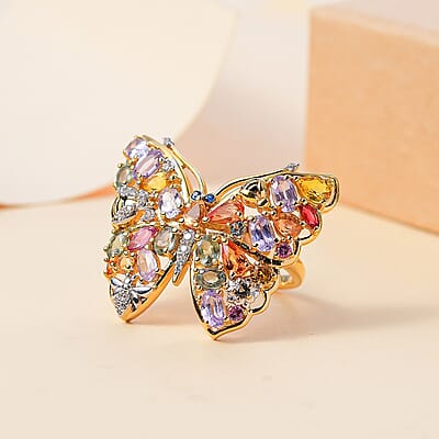GP Multi Sapphire and Multi Gemstone 6.22 ctw Ring in Vermeil YG Over Sterling Silver (Size 8.0)