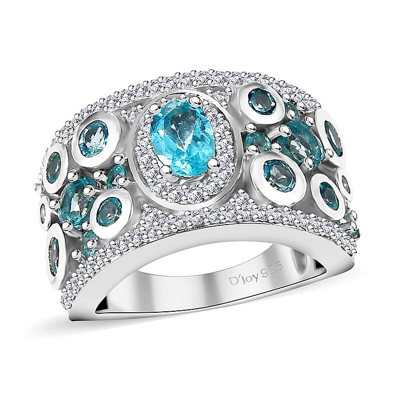 D'Joy Madagascar Lagoon Apatite and Multi Gemstone 2.25 ctw Bubble Ring in Rhodium Over Sterling Silver (Size 10.0)