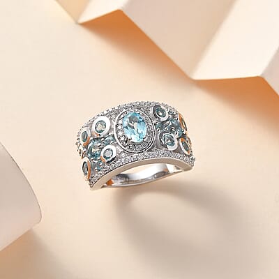 D'Joy Madagascar Lagoon Apatite and Multi Gemstone 2.25 ctw Bubble Ring in Rhodium Over Sterling Silver (Size 10.0)