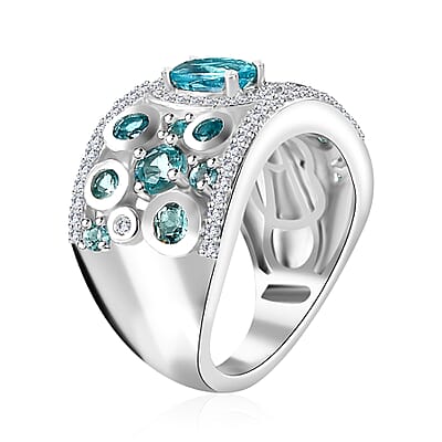 D'Joy Madagascar Lagoon Apatite and Multi Gemstone 2.25 ctw Bubble Ring in Rhodium Over Sterling Silver (Size 10.0)