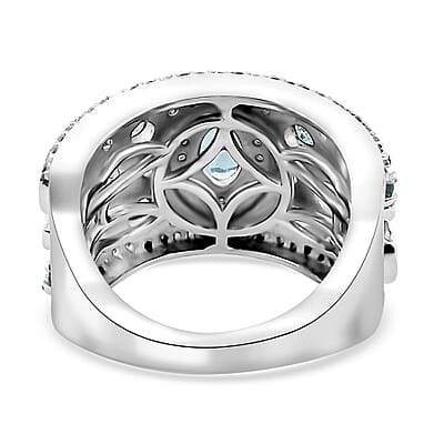 D'Joy Madagascar Lagoon Apatite and Multi Gemstone 2.25 ctw Bubble Ring in Rhodium Over Sterling Silver (Size 10.0)